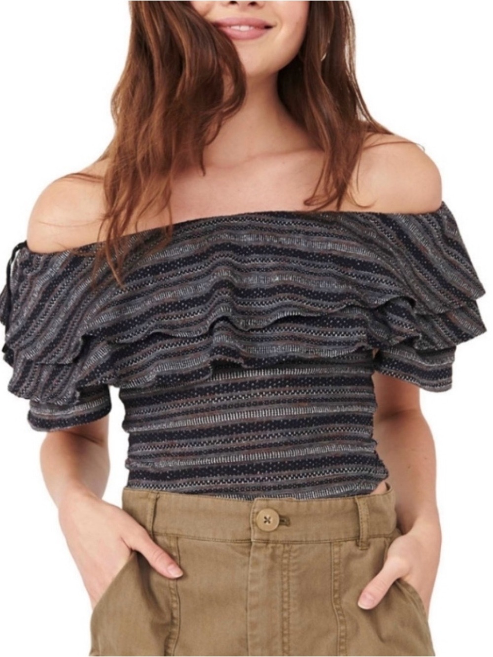 FREE PEOPLE Tiered Heirloom Ruffle Off Shoulder Top Black Combo Colorway Sz M